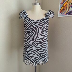 Y2K 100% Silk Chiffon Zebra Print Tank Top Blouse Ruffle Vintage 2000s Glam M
